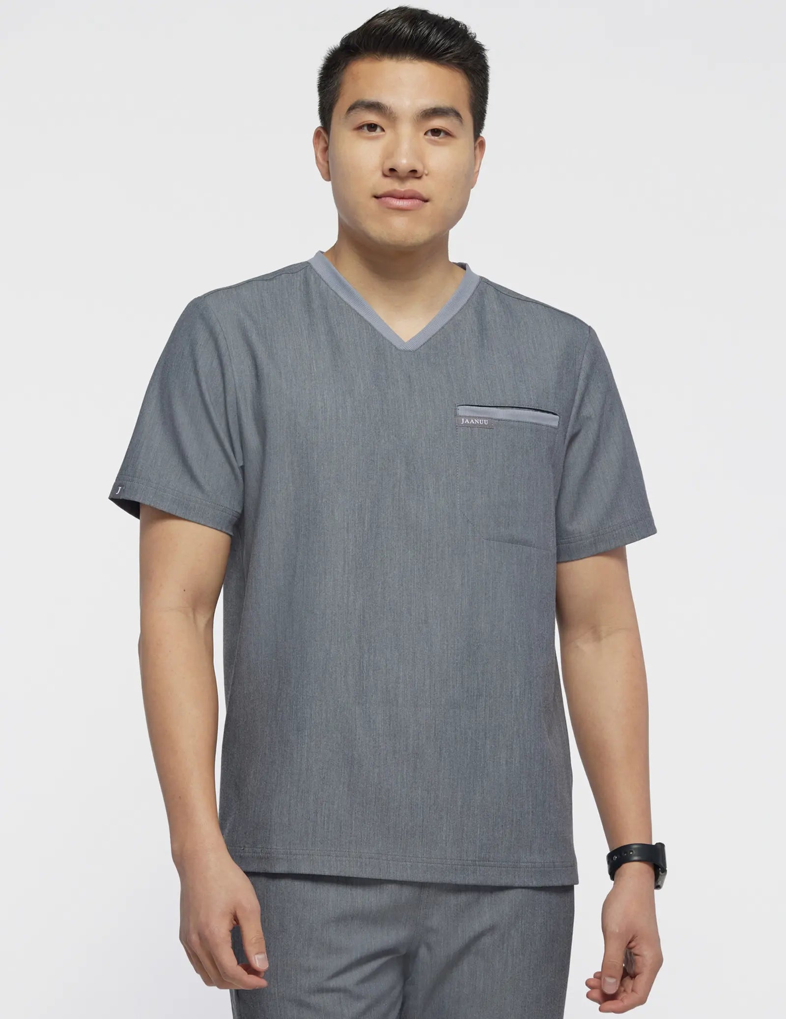 Jaanuu Men's 2-Pocket Tuck-In Scrub Top - Heather Gray