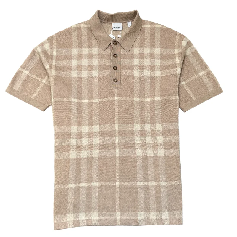 Men's Check Print Polo Shirt Beige Size L