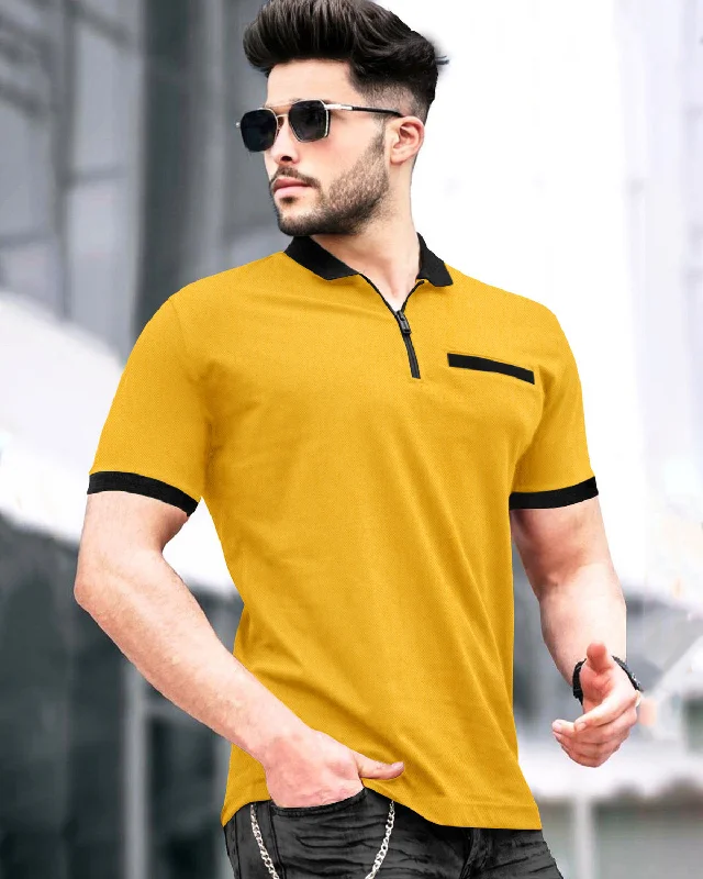 Men Zip Polo Yellow-Black Contrast T-shirt