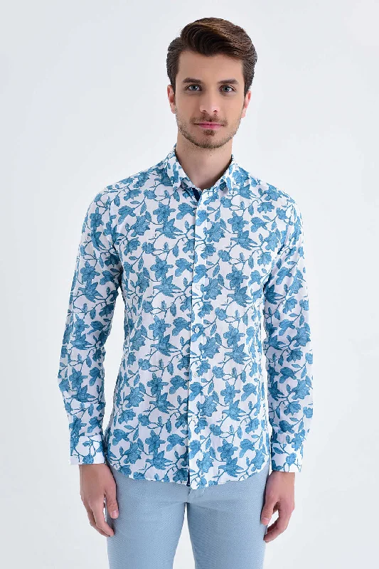 Slim Fit Long Sleeve Printed Cotton Turquoise Casual Shirt