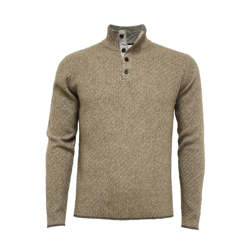 Camel Cashmere Sweater Button Neck Andromeda in Carbon Stitch