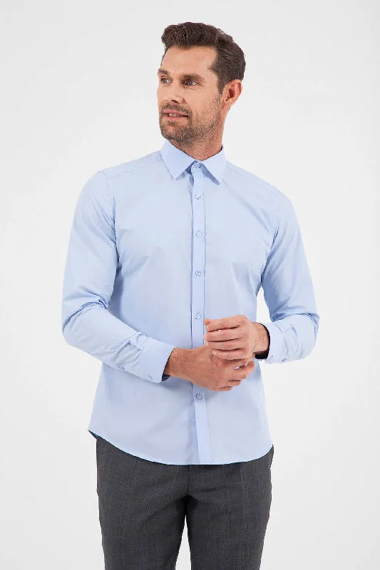 Slim Fit Long Sleeve Plain Cotton Dress Shirt, Ice Blue