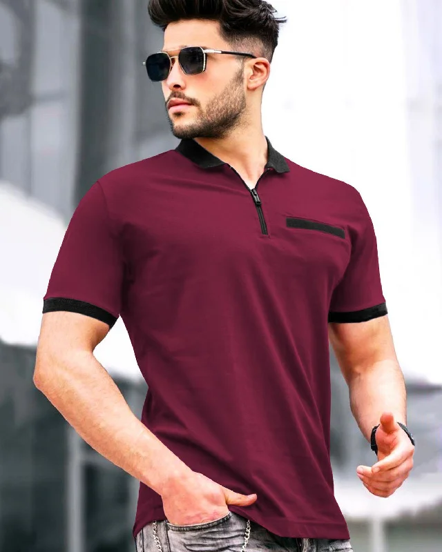 Men Zip Polo Maroon-Black Contrast T-shirt