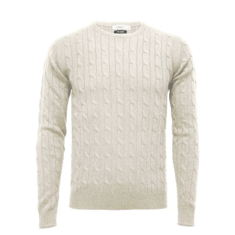 White Cashmere Crew Neck Cable Sweater