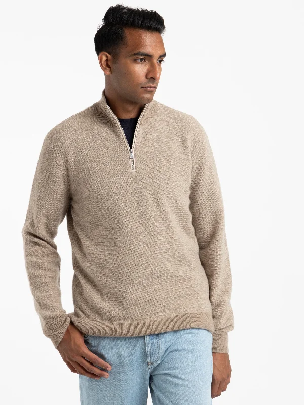 Oatmeal Cashmere Birdseye Quarter-Zip Sweater