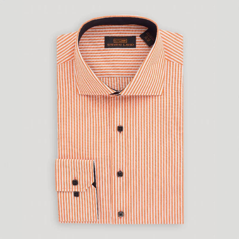 The Earl Striped Dress Shirt | Barrel Cuff & Spread Collar | Orange with Navy Trim