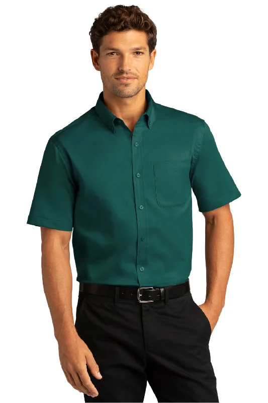 Port Authority Mens SuperPro Wrinkle Resistant React Short Sleeve Button Down Shirt w/ Pocket - Marine Green - Closeout