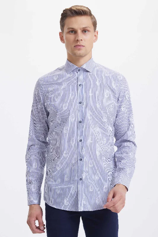 Slim Fit Long Sleeve Patterned Cotton Blue Casual Shirt