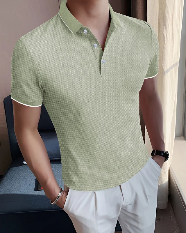 Olive Green Polo White Piping Button Collar T-Shirt