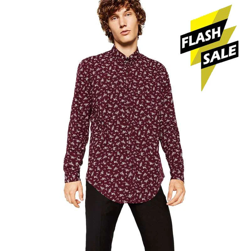 ZR Man Long Sleeve Floral Print Shirt Maroon