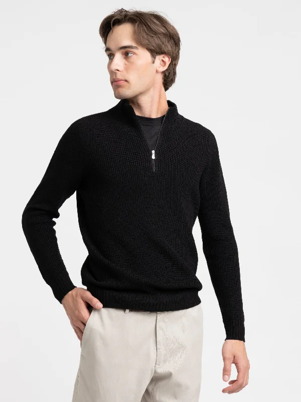 Black Ribbed Quarter Zip Sweater