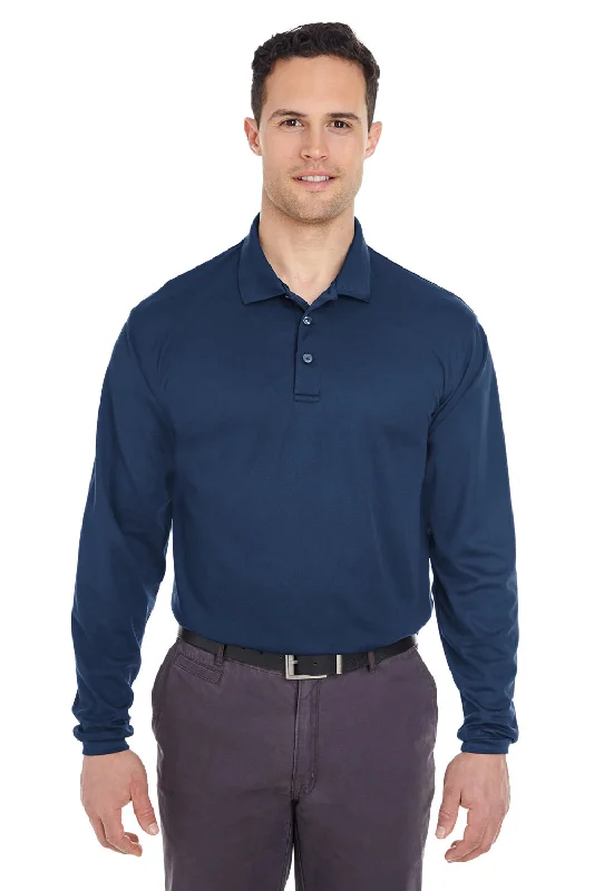 UltraClub Mens Cool & Dry Moisture Wicking Long Sleeve Polo Shirt - Navy Blue