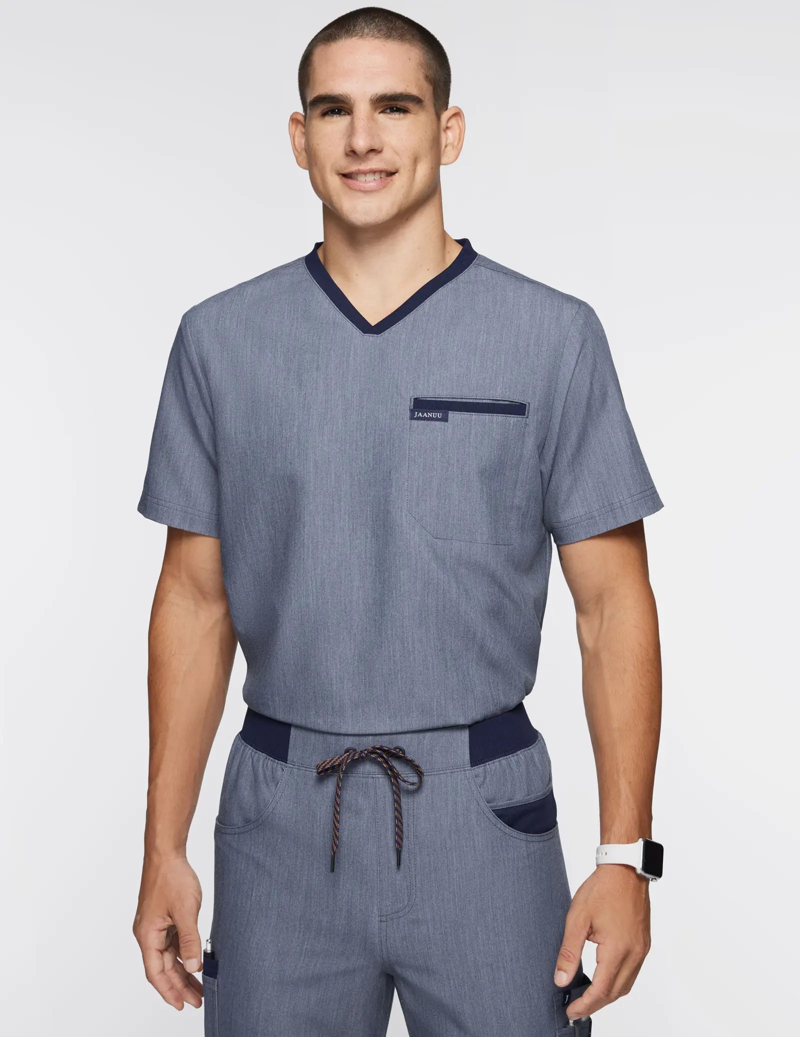 Jaanuu Men's 2-Pocket Tuck-In Scrub Top - Heather Navy