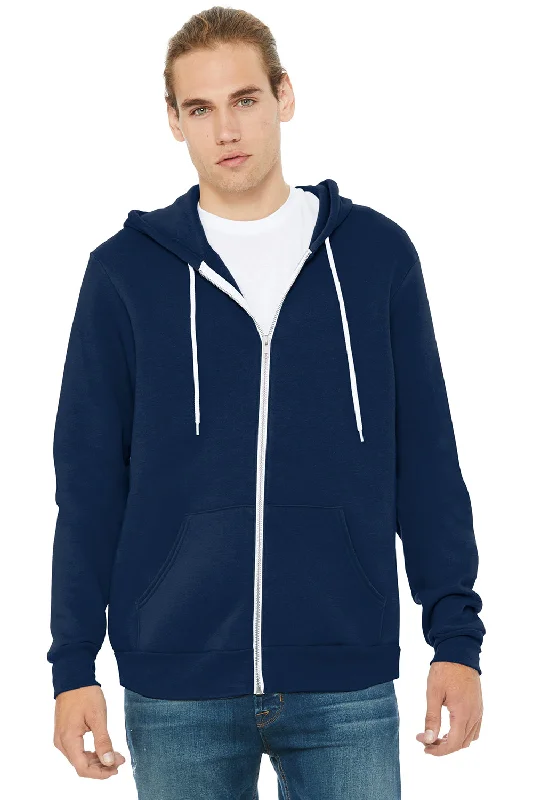 Bella + Canvas Mens Fleece Full Zip Hooded Sweatshirt Hoodie w/ Pockets - Navy Blue