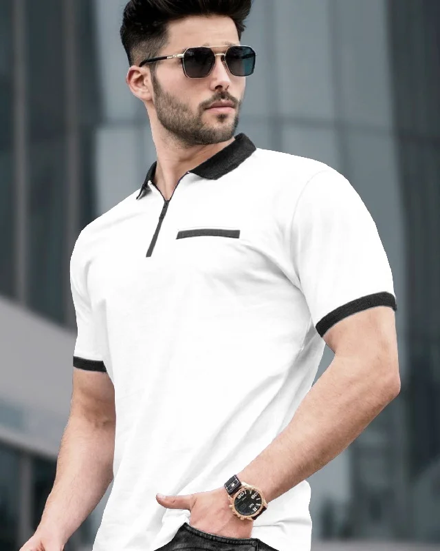 Polo Zip Neck White Black Contrast T-shirt