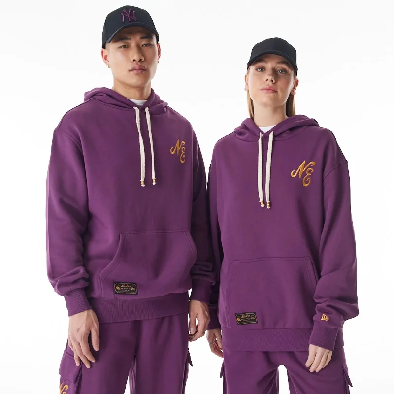 New Era Script Logo Dark Purple Oversized Pullover Hoodie