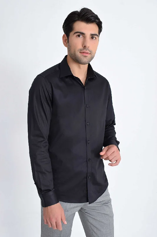 Slim Fit Plain Cotton Blend Dress Shirt, Black