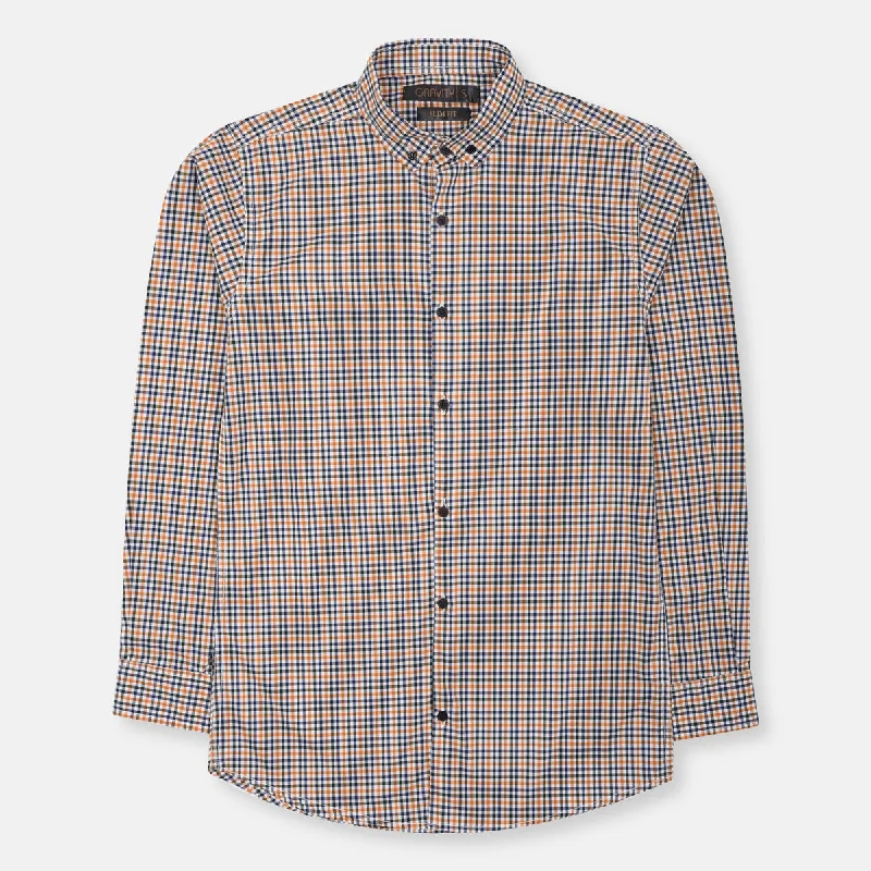 G V Blue & Mustard Check Black button Down Casual Shirt 9844