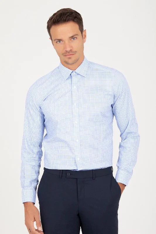 Slim Fit Long Sleeve Plaid Cotton Blue Dress Shirt