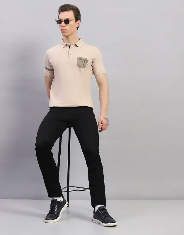 Men Beige Solid Polo Collar Half Sleeve T-Shirt