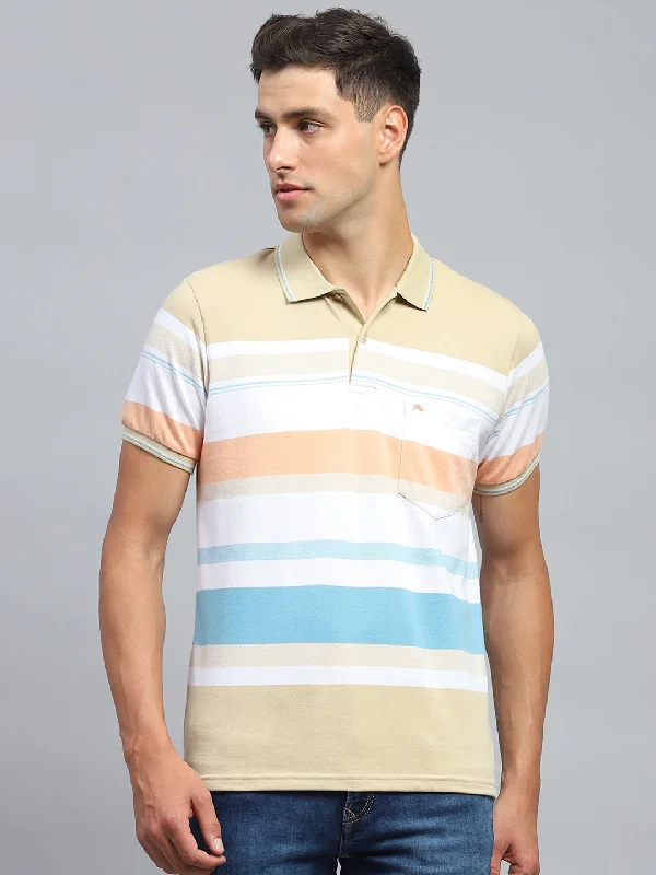 Men Beige Stripe Collar Half Sleeve T-Shirt