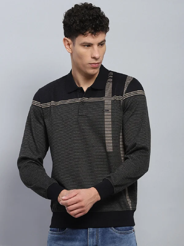 Men Black Stripe Collar Full Sleeve Winter T-Shirt