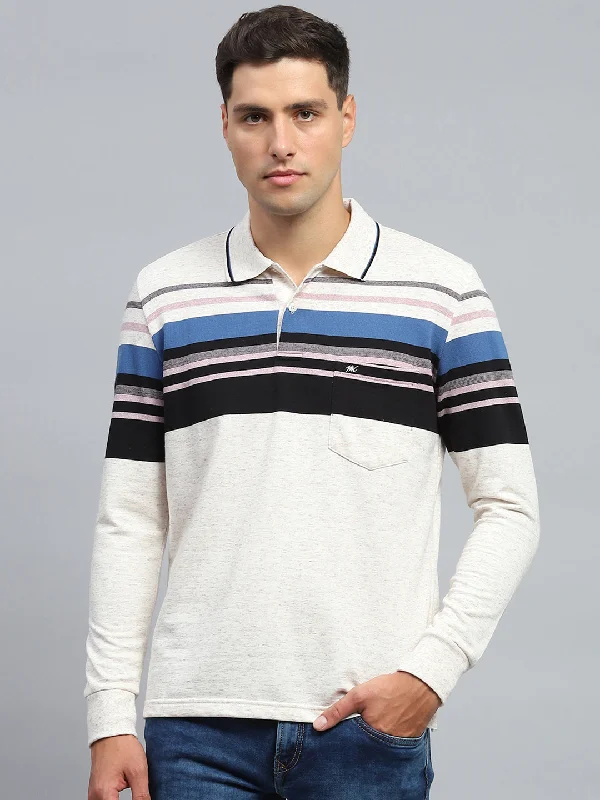 Men Black & White Stripe Collar Full Sleeve Winter T-Shirt