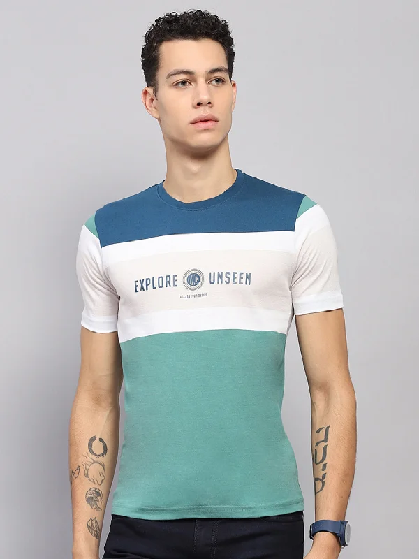 Men Blue & Green Stripe Round Neck Half Sleeve T-Shirt