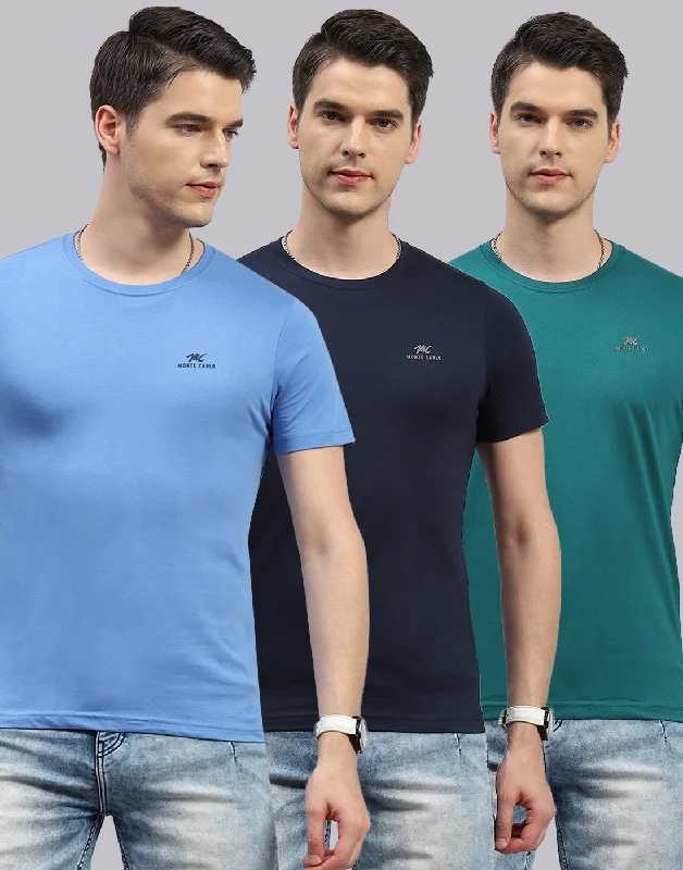 Men Blue, Navy Blue & Teal Blue Solid Round Neck Half Sleeve T-Shirt (Pack of 3)