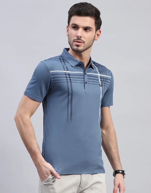 Men Blue Printed Polo Collar Half Sleeve T-Shirt