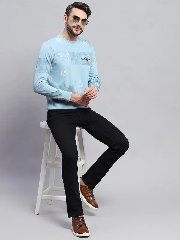 Men Blue Printed Round Neck Full Sleeve T-Shirt