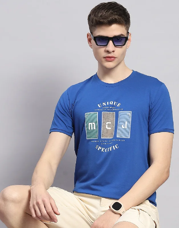 Men Blue Printed Round Neck Half Sleeve T-Shirt