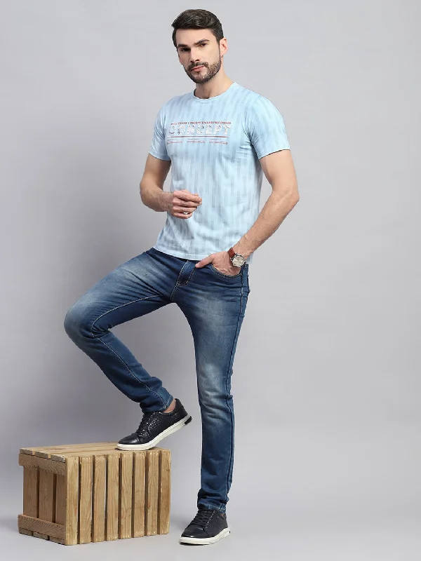 Men Blue Printed Round Neck Half Sleeve T-Shirt