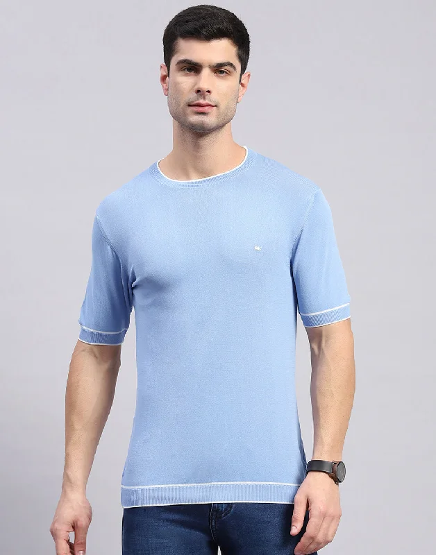 Men Blue Solid Round Neck Half Sleeve T-Shirt