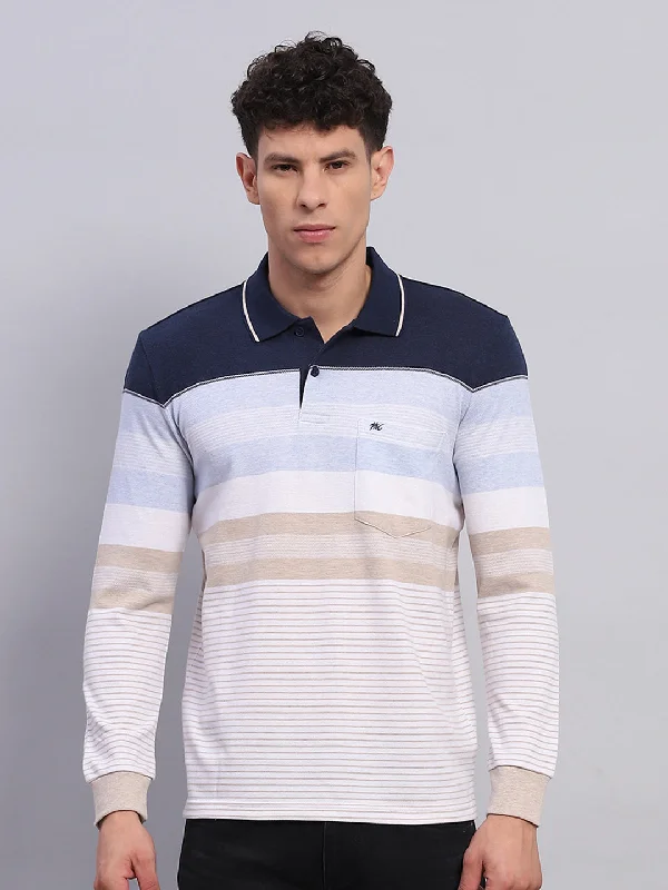 Men Blue Stripe Collar Full Sleeve Winter T-Shirt