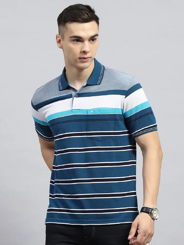 Men Blue Stripe Collar Half Sleeve T-Shirt