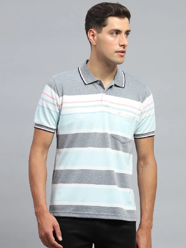 Men Blue Stripe Collar Half Sleeve T-Shirt