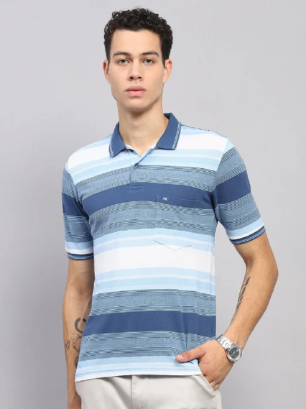 Men Blue Stripe Collar Half Sleeve T-Shirt