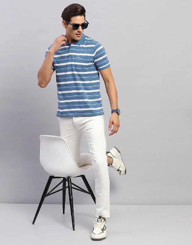 Men Blue Stripe Polo Collar Half Sleeve T-Shirt