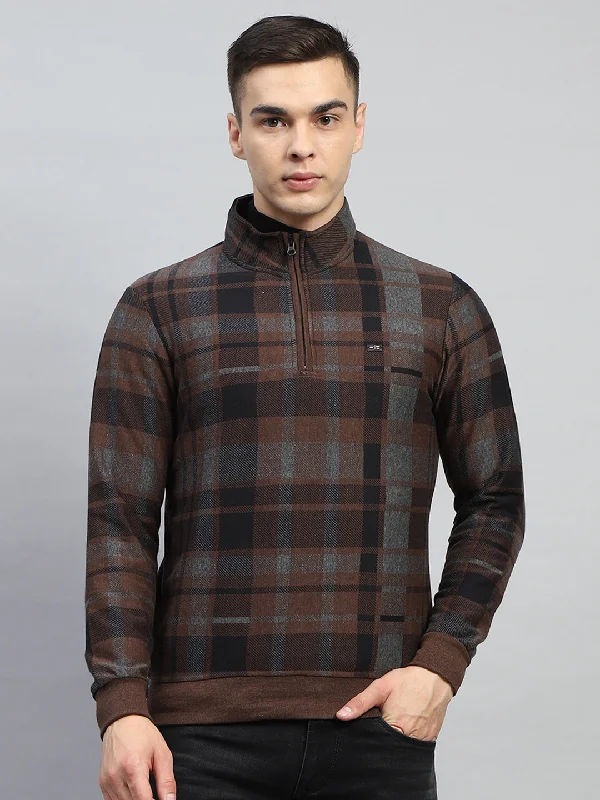 Men Brown Check Mock Neck Full Sleeve Winter T-Shirt