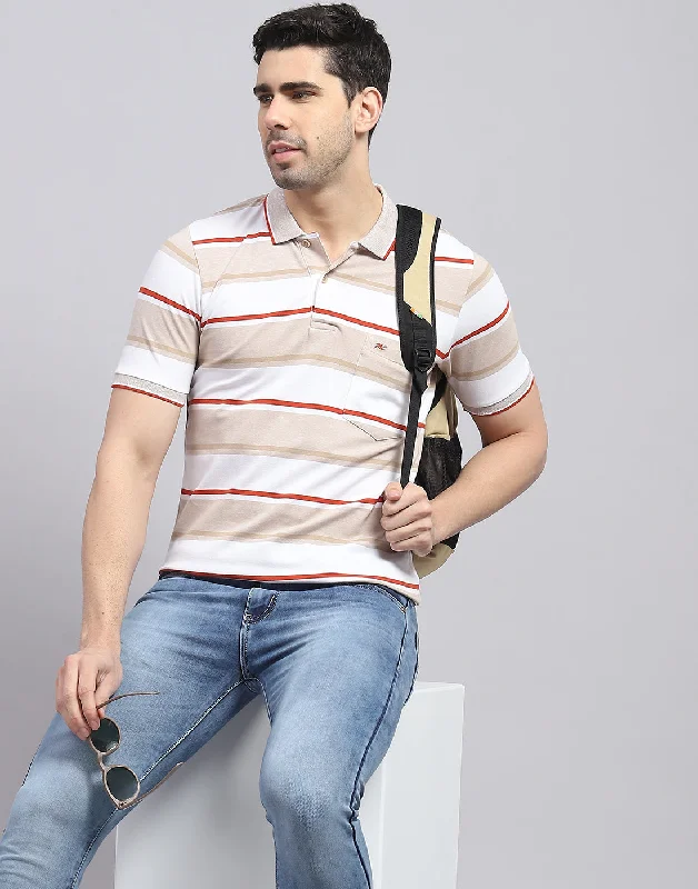 Men Brown Stripe Polo Collar Half Sleeve T-Shirt