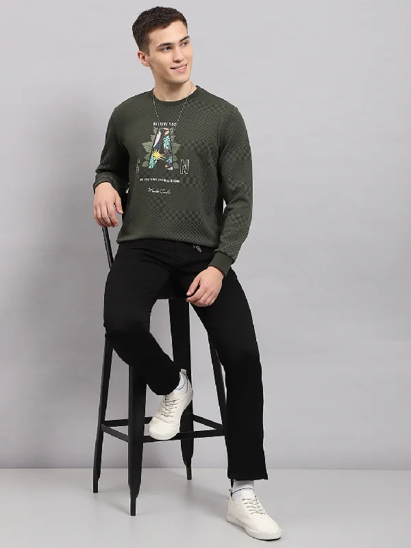 Men Green Printed Round Neck Full Sleeve T-Shirt