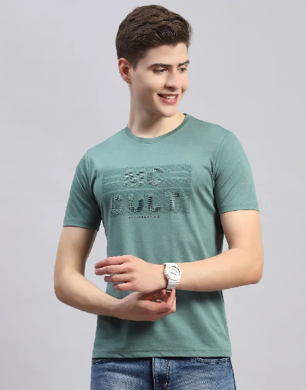 Men Green Printed Round Neck Half Sleeve T-Shirt