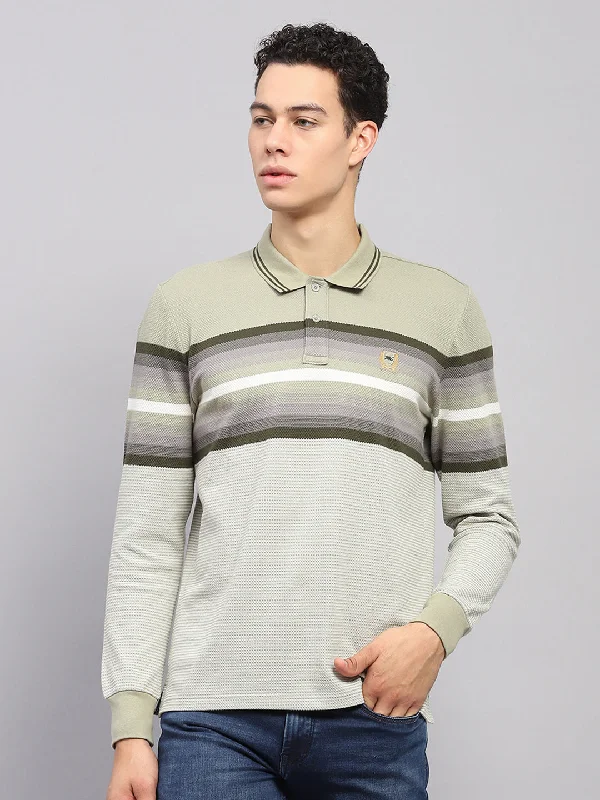 Men Green Stripe Collar Full Sleeve Winter T-Shirt