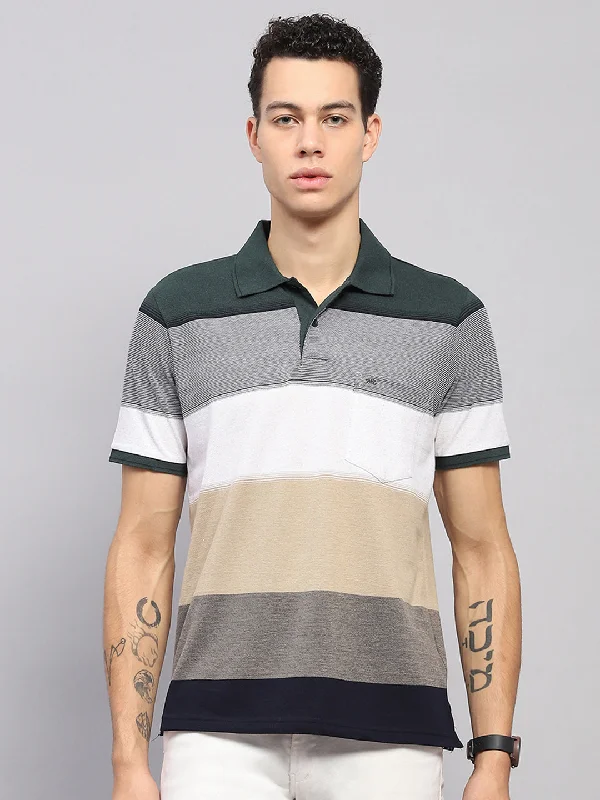 Men Green Stripe Collar Half Sleeve T-Shirt