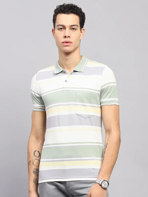 Men Green Stripe Collar Half Sleeve T-Shirt