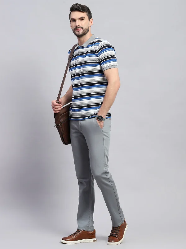 Men Grey & Blue Stripe Collar Half Sleeve T-Shirt