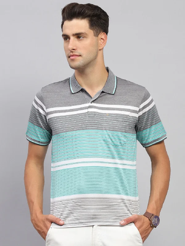 Men Grey & Green Stripe Collar Half Sleeve T-Shirt