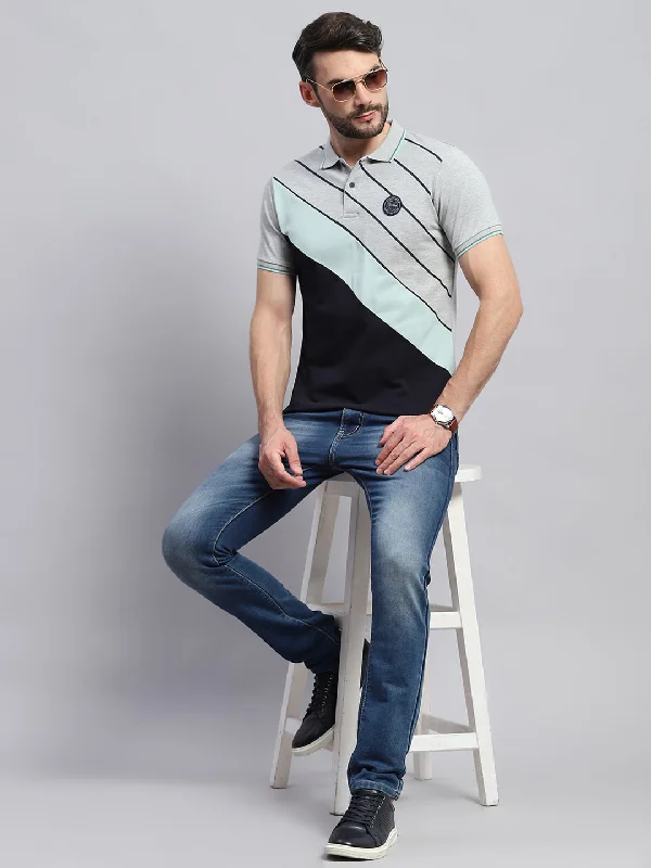 Men Grey Self Design Collar Half Sleeve T-Shirt