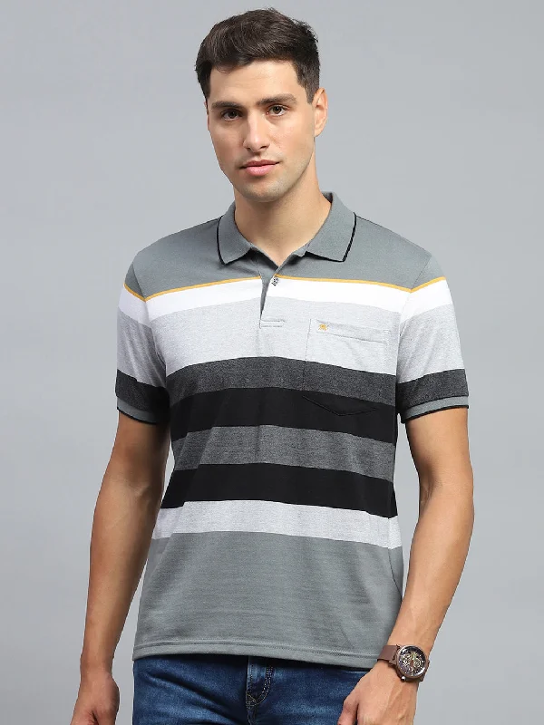 Men Grey Stripe Collar Half Sleeve T-Shirt